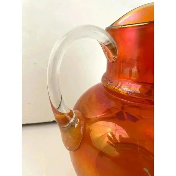 VTG Carnival Glass Orange Iridescent Pitcher Glass Blown Hand Painted 10" Floral - Picture 10 of 16